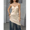 image:imageMakeMeChic Womens Elegant Satin Cami Dress Lace Trim Asymmetrical Spaghetti Strap Mini DressesWhite