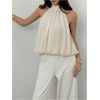 image:imageMakeMeChic Womens Flowy Bubble Crop Tank Top Halter Mesh Sleeveless Ruffle Y2k Going Out TopsBeige