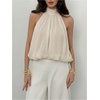 image:imageMakeMeChic Womens Flowy Bubble Crop Tank Top Halter Mesh Sleeveless Ruffle Y2k Going Out TopsBeige