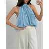 image:imageMakeMeChic Womens Flowy Bubble Crop Tank Top Halter Mesh Sleeveless Ruffle Y2k Going Out TopsBlue