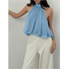 image:imageMakeMeChic Womens Flowy Bubble Crop Tank Top Halter Mesh Sleeveless Ruffle Y2k Going Out TopsBlue