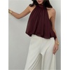 image:imageMakeMeChic Womens Flowy Bubble Crop Tank Top Halter Mesh Sleeveless Ruffle Y2k Going Out TopsCoffee Brown