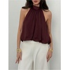 image:imageMakeMeChic Womens Flowy Bubble Crop Tank Top Halter Mesh Sleeveless Ruffle Y2k Going Out TopsCoffee Brown