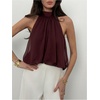 image:imageMakeMeChic Womens Flowy Bubble Crop Tank Top Halter Mesh Sleeveless Ruffle Y2k Going Out TopsCoffee Brown