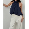 image:imageMakeMeChic Womens Flowy Bubble Crop Tank Top Halter Mesh Sleeveless Ruffle Y2k Going Out TopsDark Blue