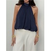 image:imageMakeMeChic Womens Flowy Bubble Crop Tank Top Halter Mesh Sleeveless Ruffle Y2k Going Out TopsDark Blue