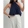 image:imageMakeMeChic Womens Flowy Bubble Crop Tank Top Halter Mesh Sleeveless Ruffle Y2k Going Out TopsDark Blue