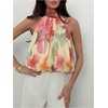 image:imageMakeMeChic Womens Flowy Bubble Crop Tank Top Halter Mesh Sleeveless Ruffle Y2k Going Out TopsMulticolor