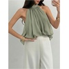 image:imageMakeMeChic Womens Flowy Bubble Crop Tank Top Halter Mesh Sleeveless Ruffle Y2k Going Out TopsOlive Green
