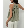 image:imageMakeMeChic Womens Flowy Bubble Crop Tank Top Halter Mesh Sleeveless Ruffle Y2k Going Out TopsOlive Green