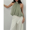 image:imageMakeMeChic Womens Flowy Bubble Crop Tank Top Halter Mesh Sleeveless Ruffle Y2k Going Out TopsOlive Green