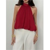 image:imageMakeMeChic Womens Flowy Bubble Crop Tank Top Halter Mesh Sleeveless Ruffle Y2k Going Out TopsRed