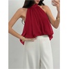 image:imageMakeMeChic Womens Flowy Bubble Crop Tank Top Halter Mesh Sleeveless Ruffle Y2k Going Out TopsRed