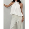 image:imageMakeMeChic Womens Flowy Bubble Crop Tank Top Halter Mesh Sleeveless Ruffle Y2k Going Out TopsWhite