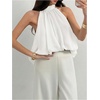 image:imageMakeMeChic Womens Flowy Bubble Crop Tank Top Halter Mesh Sleeveless Ruffle Y2k Going Out TopsWhite
