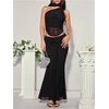 image:imageMakeMeChic Womens Halter Scarf Sexy Sheer Mesh Tops Ruched Off Shoulder Asymmetrical Neck Crop Tank Top Going Out ClubwearBlack