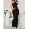 image:imageMakeMeChic Womens Halter Scarf Sexy Sheer Mesh Tops Ruched Off Shoulder Asymmetrical Neck Crop Tank Top Going Out ClubwearBlack