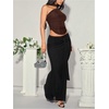 image:imageMakeMeChic Womens Halter Scarf Sexy Sheer Mesh Tops Ruched Off Shoulder Asymmetrical Neck Crop Tank Top Going Out ClubwearCoffee Brown