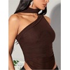 image:imageMakeMeChic Womens Halter Scarf Sexy Sheer Mesh Tops Ruched Off Shoulder Asymmetrical Neck Crop Tank Top Going Out ClubwearCoffee Brown