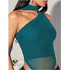 image:imageMakeMeChic Womens Halter Scarf Sexy Sheer Mesh Tops Ruched Off Shoulder Asymmetrical Neck Crop Tank Top Going Out ClubwearTeal Blue