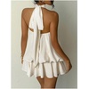 image:imageMakeMeChic Womens Halter Summer Mini Dress Ruffle Backless Bubble Going Out Party Short DressesApricot