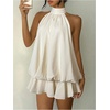 image:imageMakeMeChic Womens Halter Summer Mini Dress Ruffle Backless Bubble Going Out Party Short DressesApricot