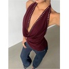 image:imageMakeMeChic Womens Halter Tank Top Deep V Cowl Neck Backless Rivet Summer Going Out TopsBurgundy