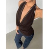 image:imageMakeMeChic Womens Halter Tank Top Deep V Cowl Neck Backless Rivet Summer Going Out TopsChocolate Brown