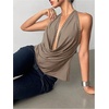 image:imageMakeMeChic Womens Halter Tank Top Deep V Cowl Neck Backless Rivet Summer Going Out TopsKhaki