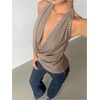 image:imageMakeMeChic Womens Halter Tank Top Deep V Cowl Neck Backless Rivet Summer Going Out TopsKhaki