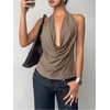 image:imageMakeMeChic Womens Halter Tank Top Deep V Cowl Neck Backless Rivet Summer Going Out TopsKhaki