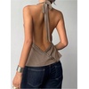image:imageMakeMeChic Womens Halter Tank Top Deep V Cowl Neck Backless Rivet Summer Going Out TopsKhaki