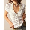 image:imageMakeMeChic Womens Lace Button Up Tops V Neck Short Sleeve Ruffle Layered Y2k T ShirtWhite