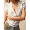 image:imageMakeMeChic Womens Lace Button Up Tops V Neck Short Sleeve Ruffle Layered Y2k T ShirtWhite