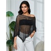 image:imageMakeMeChic Womens Mesh Sheer Poncho Tops Asymmetrical Neck Grunge Lightweight SweaterBlack