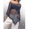 image:imageMakeMeChic Womens Mesh Sheer Poncho Tops Asymmetrical Neck Grunge Lightweight SweaterRoyal Blue