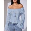 image:imageMakeMeChic Womens Off The Shoulder Lace Tank Tops Going Out Bell Sleeve Crop Tops Summer Y2K OutfitsBlue