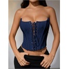 image:imageMakeMeChic Womens Renaissance Corset Bustier Tops Shapewear Lingerie Lace Up Floral Sexy Strapless Overbust Crop TopDark Blue