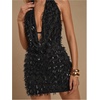 image:imageMakeMeChic Womens Sequin Sparkly Halter Dress Low Cut Open Back Draped Fringe Party DressesBlack