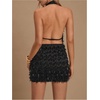image:imageMakeMeChic Womens Sequin Sparkly Halter Dress Low Cut Open Back Draped Fringe Party DressesBlack