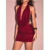 image:imageMakeMeChic Womens Sequin Sparkly Halter Dress Low Cut Open Back Draped Fringe Party DressesBurgundy