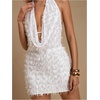 image:imageMakeMeChic Womens Sequin Sparkly Halter Dress Low Cut Open Back Draped Fringe Party DressesWhite