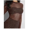 image:imageMakeMeChic Womens Sparkly Mesh Rhinestone Mini Dress Sequin Glitter Long Sleeve Sheer Bodycon Short DressBrown