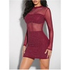 image:imageMakeMeChic Womens Sparkly Mesh Rhinestone Mini Dress Sequin Glitter Long Sleeve Sheer Bodycon Short DressBurgundy