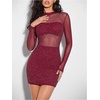 image:imageMakeMeChic Womens Sparkly Mesh Rhinestone Mini Dress Sequin Glitter Long Sleeve Sheer Bodycon Short DressBurgundy