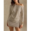 image:imageMakeMeChic Womens Striped Off The Shoulder Dress Long Sleeve Bodycon Mini DressesMulticolor