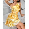 image:imageMakeMeChic Womens Summer Dress 2026 Tie Dye One Shoulder Mini Dress Pleated Cut Out Wedding Guest DressesYellow