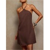 image:imageMakeMeChic Womens Summer Halter Neck Dress Summer Beaded A Line Criss Cross Backless Retro Mini DressesBrown