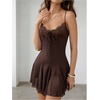 image:imageMakeMeChic Womens Summer Polka Dots Mini Dress Lace V Neck Tie Front Short Dresses Party Club Rave OutfitsCoffee Brown