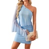 image:imageMakeMeChic Womens Bell Sleeve One Shoulder Dresses Sequin Asymmetrical Bodycon Dress Wedding Guest Short DressesLight Blue